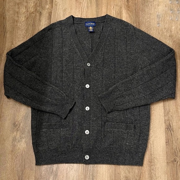 Club Room 100% Lambswool Cardigan‎ Sweater Gray Vertical Stripe Knit Mens Size M
